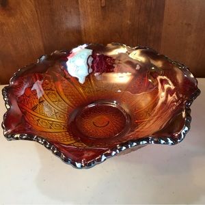 Vintage Imperial Carnival Glass Fruit Bowl Marigold Iridescent Rubigold Ruffles